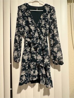 STATE Dark Teal Floral Wrap Dress with White Print